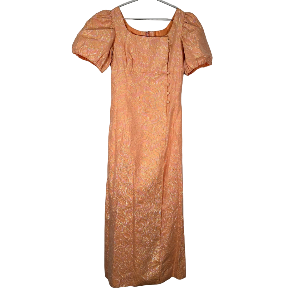 Vintage Orange Gown 60s Sparkly‎ Swirls Creamsicle Length Dress Medium